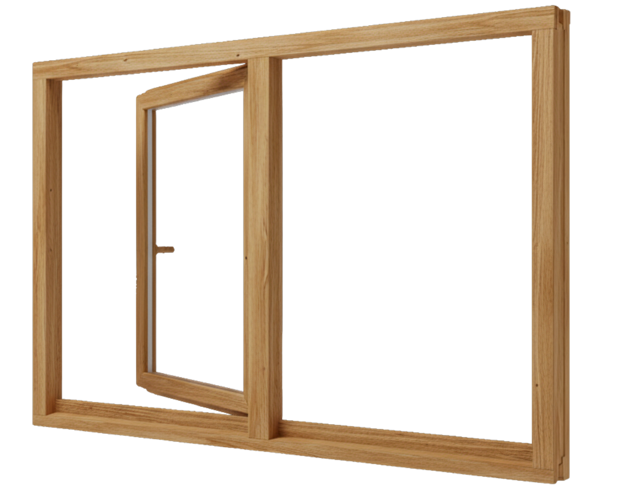 Holzfenster natur aus Holz, einflügelig geöffnet mit sichtbarer Holzmaserung und schlichter Rahmen