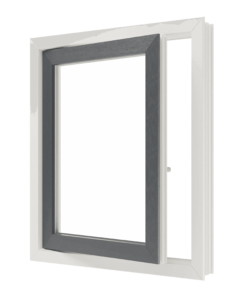 Weißes Kunststoff-Drehflügelfenster, seitlich geöffnet