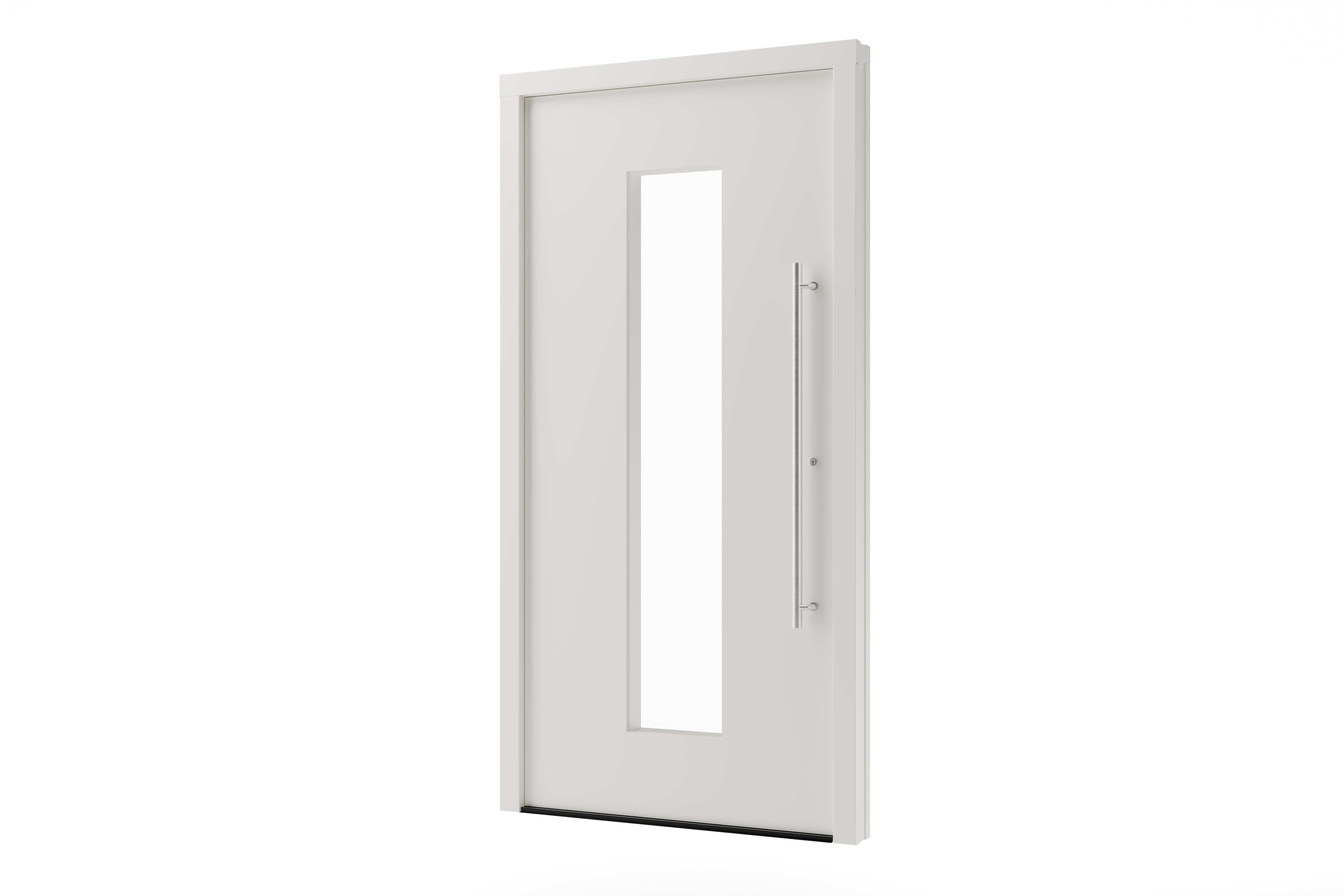 Haustür weiß aus Kunststoff mit schmalem satiniertem Glaseinsatz und Edelstahl-Stangengriff, modernes Design